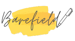Logo with a yellow background and a pen. Text reads Barefield.
